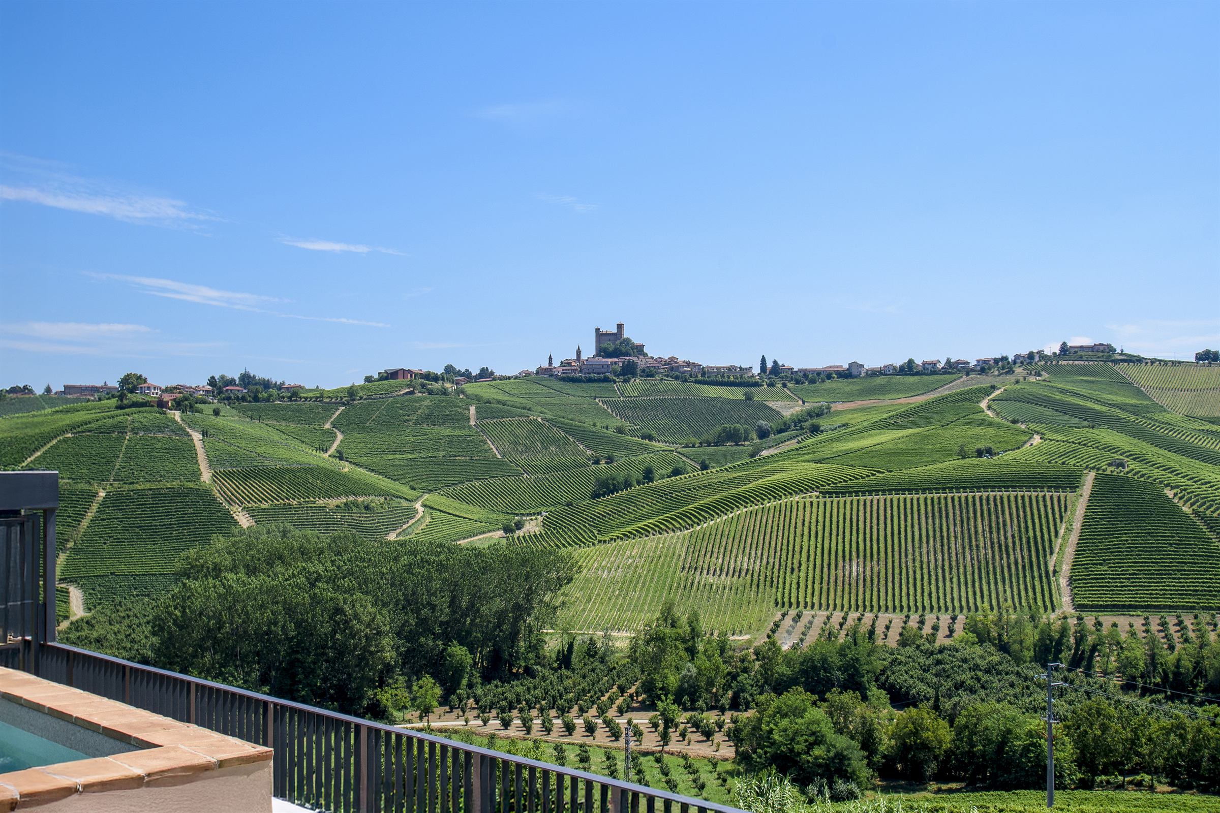 Vineyard hills and village in the Langhe, Piedmont